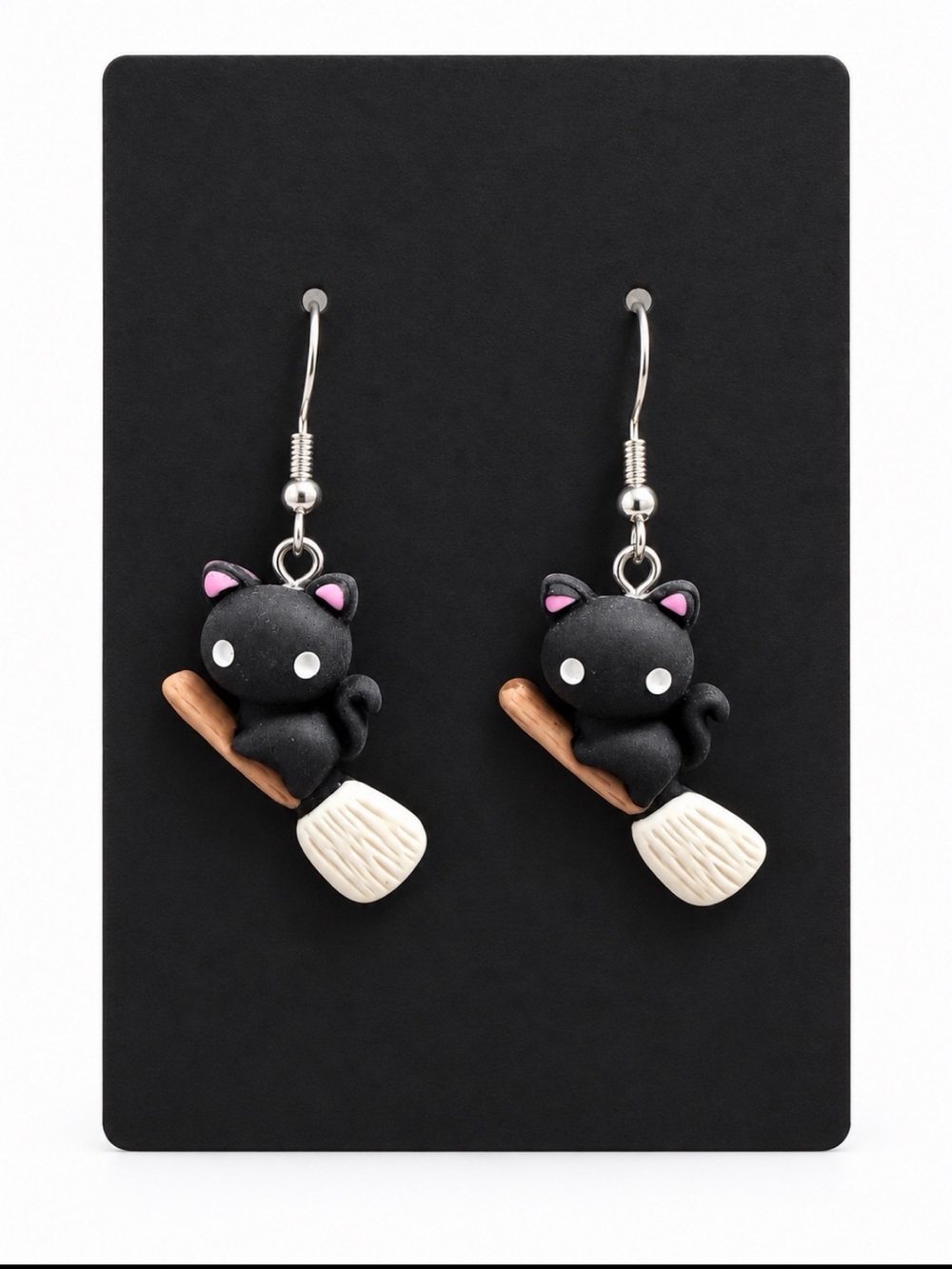 Black Cat on Broom Earrings with Pink Ear Accents